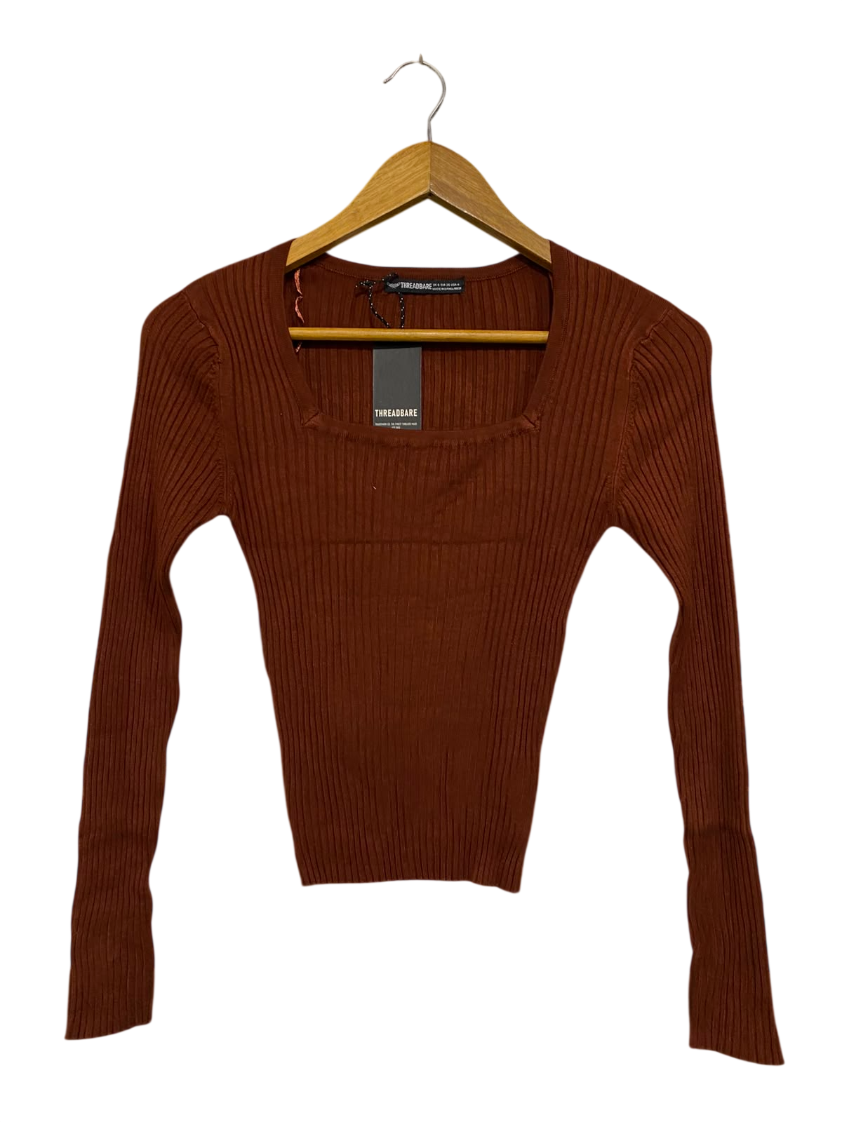 THREADBARE |XS| BUST 12| A36| RUST BROWN RIBBED SQUARE-NECK LONG-SLEEVE FITTED TOP
