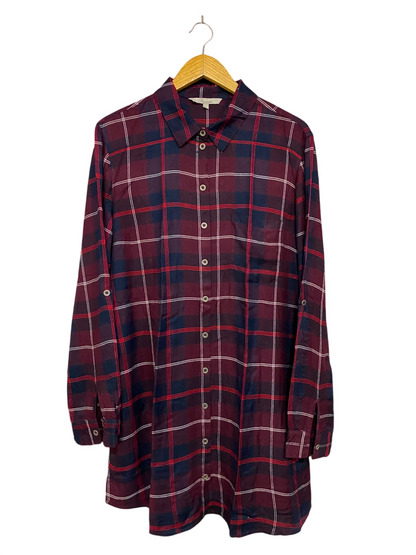 PEACOCKS |L| BUST 20| A36| BURGUNDY & NAVY PLAID TUNIC-LENGTH BUTTON-DOWN FLANNEL SHIRT