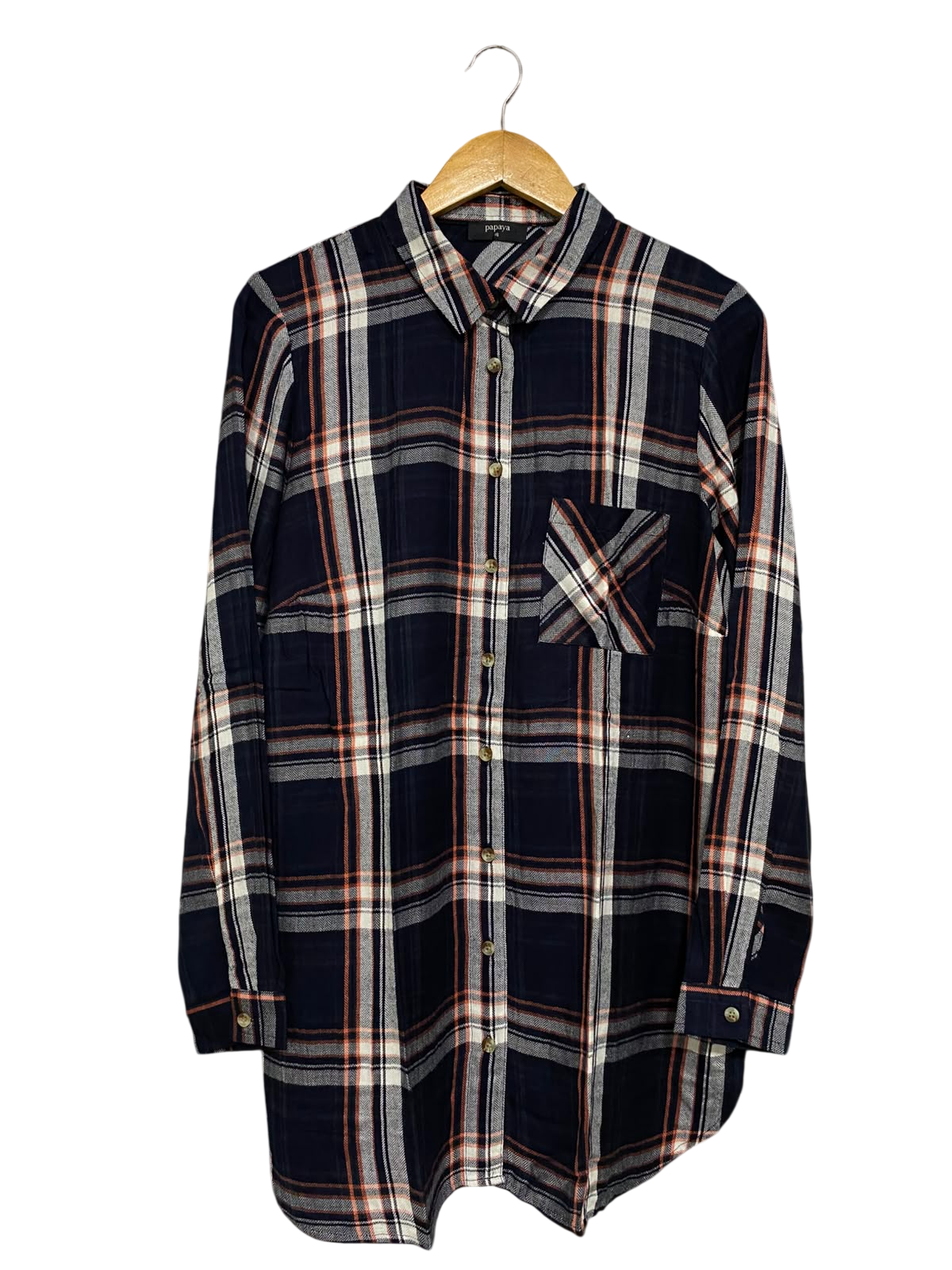 PAPAYA |XL| BUST 22| A36| NAVY PLAID TUNIC-LENGTH BUTTON-DOWN FLANNEL SHIRT