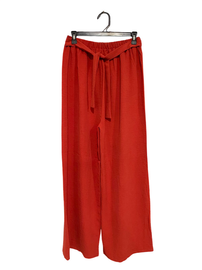|S| WAIST 26| A36| RUST ORANGE CRINKLE-TEXTURED BELTED WIDE-LEG LOUNGE PANTS