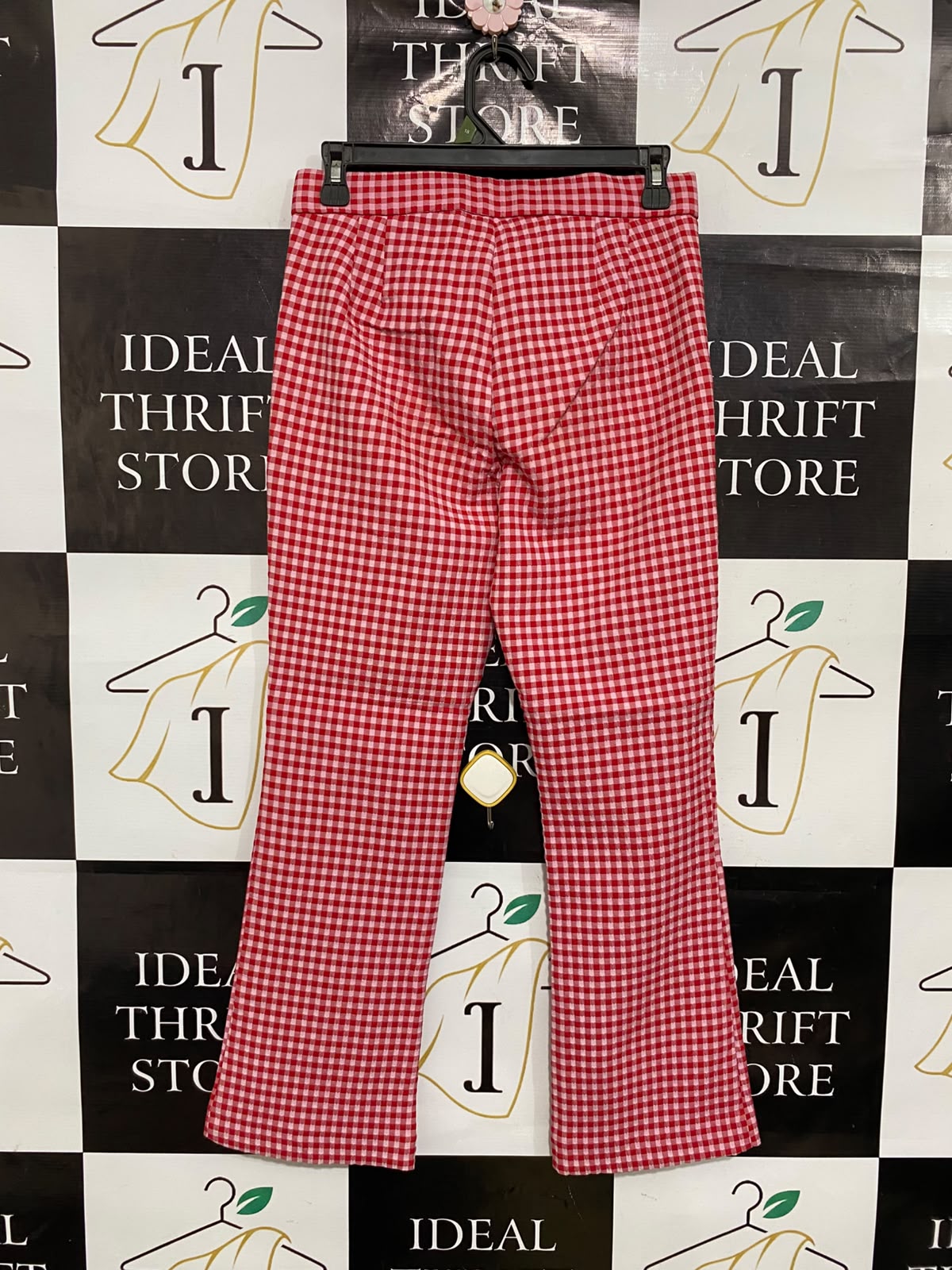ZARA |S| WAIST 28| A36| RED & WHITE GINGHAM-PRINT HIGH-WAISTED STRETCH FLARE PANTS