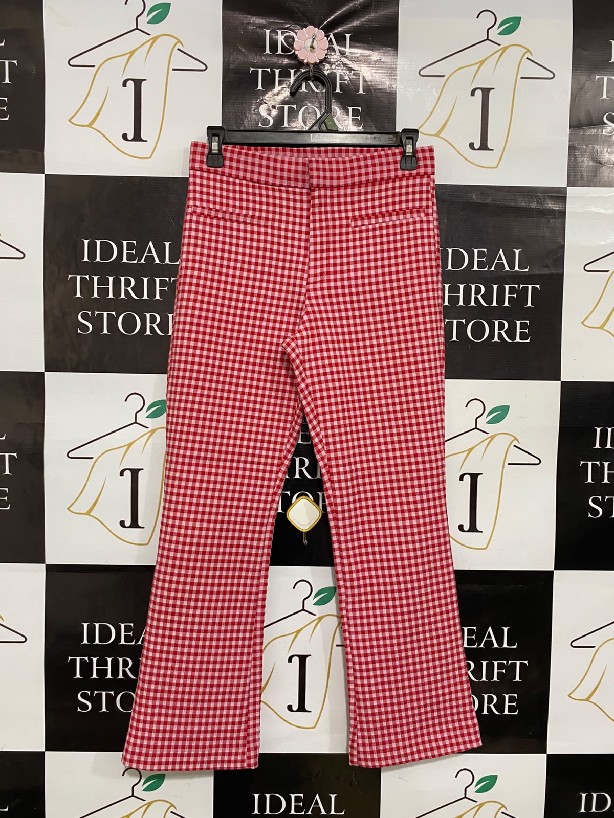 ZARA |S| WAIST 28| A36| RED & WHITE GINGHAM-PRINT HIGH-WAISTED STRETCH FLARE PANTS