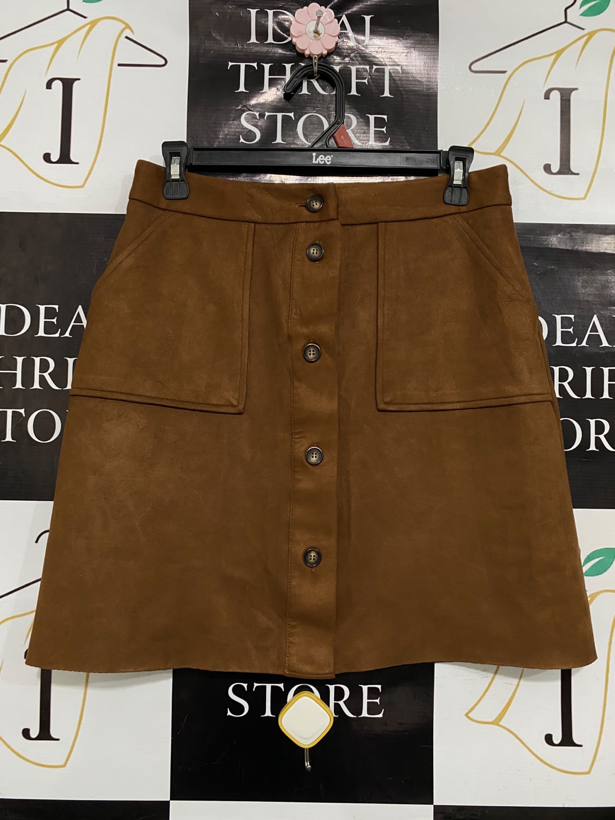TU WOMAN |M| WAIST 28| A36| CARAMEL BROWN FAUX-SUEDE BUTTON-FRONT MINI SKIRT