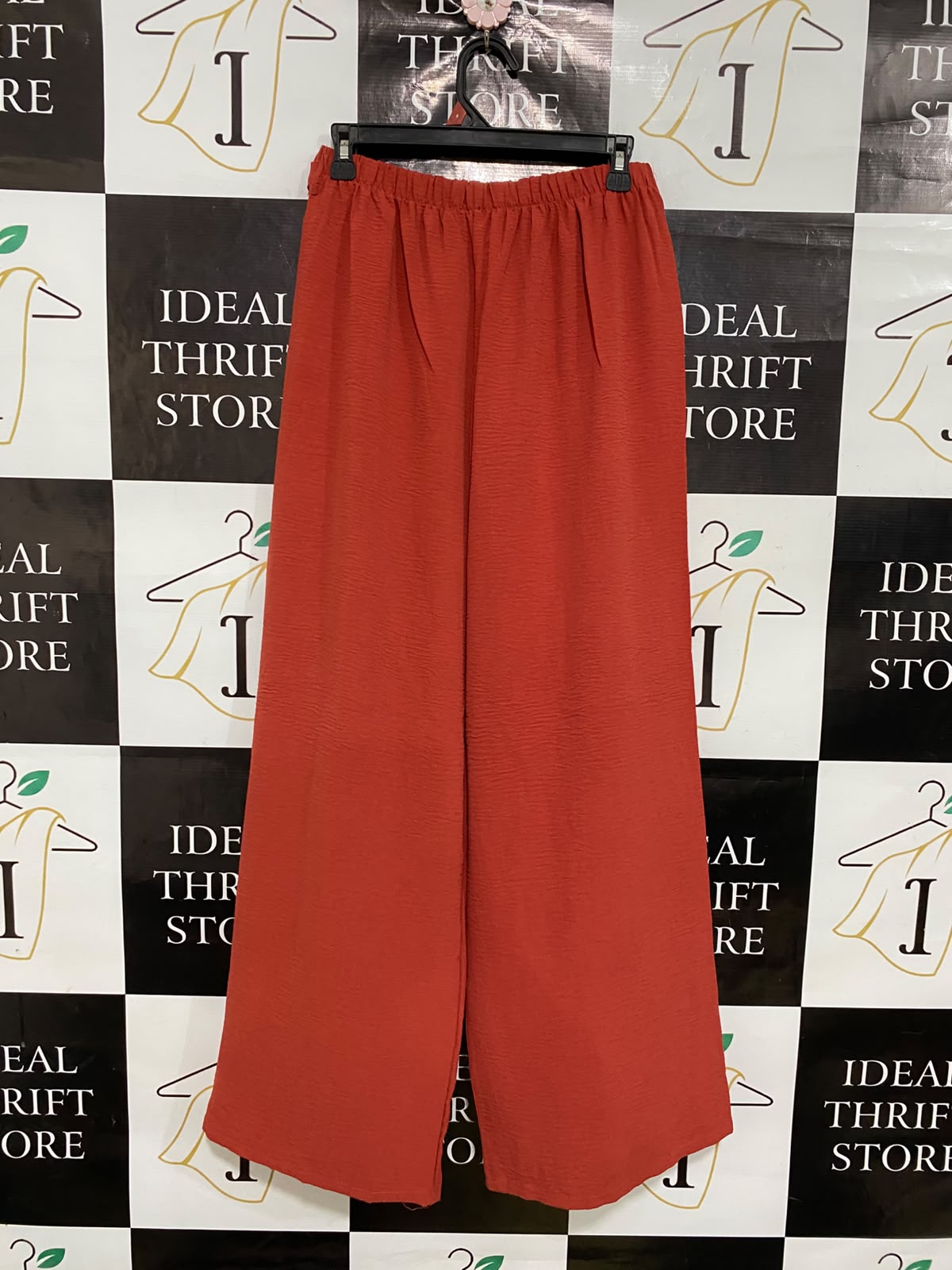 |S| WAIST 26| A36| RUST ORANGE CRINKLE-TEXTURED BELTED WIDE-LEG LOUNGE PANTS