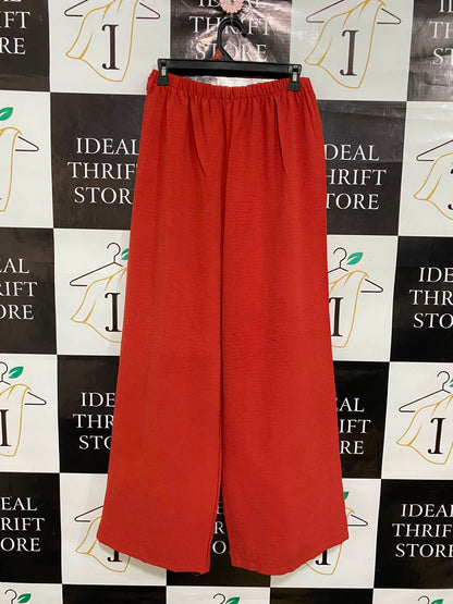 |S| WAIST 26| A36| RUST ORANGE CRINKLE-TEXTURED BELTED WIDE-LEG LOUNGE PANTS
