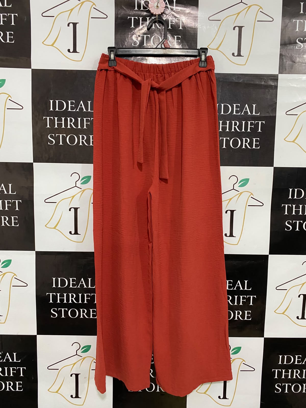 |S| WAIST 26| A36| RUST ORANGE CRINKLE-TEXTURED BELTED WIDE-LEG LOUNGE PANTS