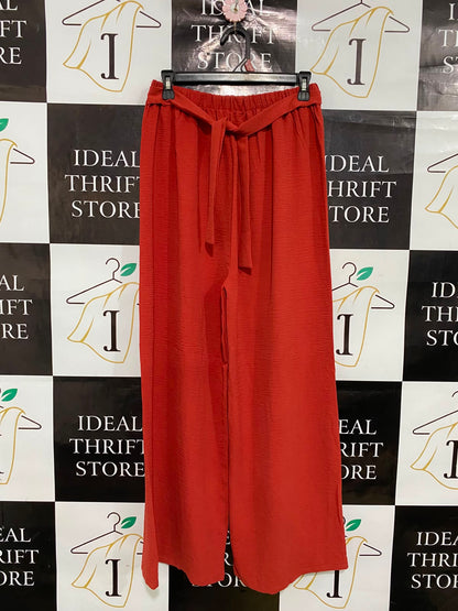 |S| WAIST 26| A36| RUST ORANGE CRINKLE-TEXTURED BELTED WIDE-LEG LOUNGE PANTS