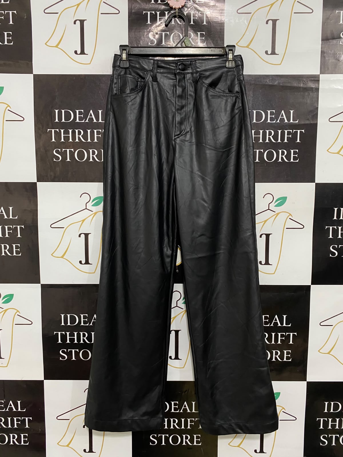 H&M |S| WAIST 26| A36| BLACK FAUX-LEATHER HIGH-WAISTED WIDE-LEG TROUSERS