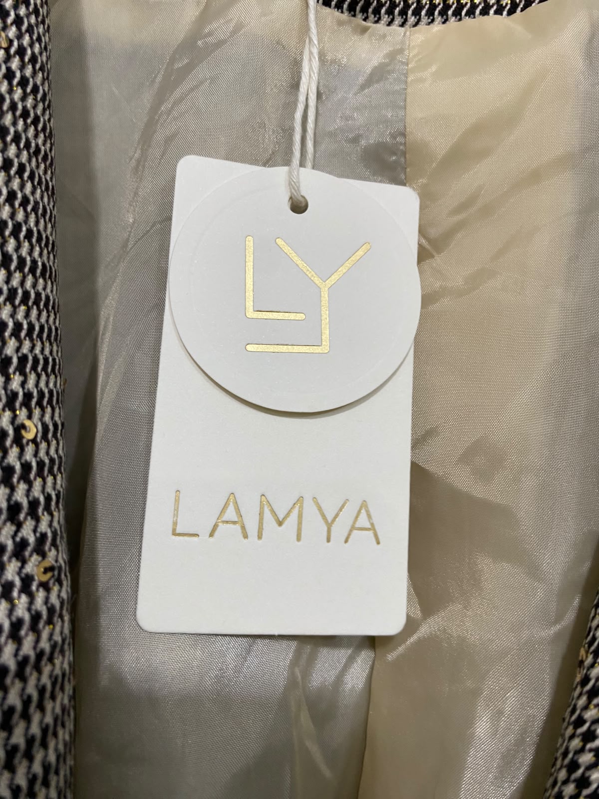 LAMYA |XL| BUST 24| A36| BROWN HOUNDSTOOTH SEQUIN-EMBOSSED SINGLE-BUTTON BLAZER JACKET