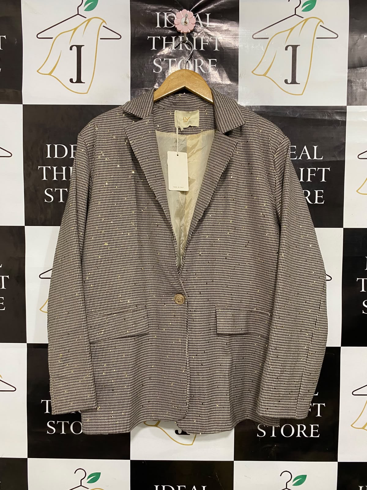 LAMYA |XL| BUST 24| A36| BROWN HOUNDSTOOTH SEQUIN-EMBOSSED SINGLE-BUTTON BLAZER JACKET