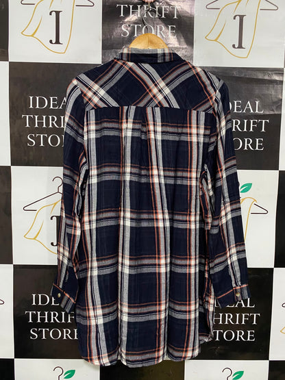 PAPAYA |XL| BUST 22| A36| NAVY PLAID TUNIC-LENGTH BUTTON-DOWN FLANNEL SHIRT