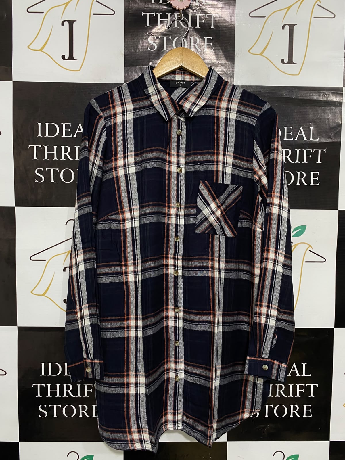 PAPAYA |XL| BUST 22| A36| NAVY PLAID TUNIC-LENGTH BUTTON-DOWN FLANNEL SHIRT