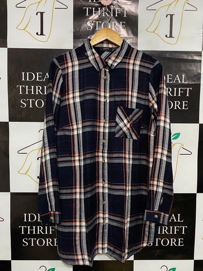 PAPAYA |XL| BUST 22| A36| NAVY PLAID TUNIC-LENGTH BUTTON-DOWN FLANNEL SHIRT