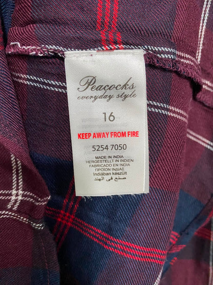 PEACOCKS |L| BUST 20| A36| BURGUNDY & NAVY PLAID TUNIC-LENGTH BUTTON-DOWN FLANNEL SHIRT