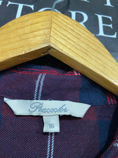 PEACOCKS |L| BUST 20| A36| BURGUNDY & NAVY PLAID TUNIC-LENGTH BUTTON-DOWN FLANNEL SHIRT