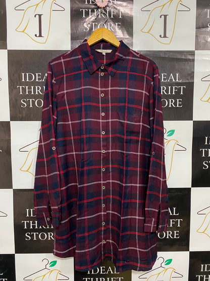 PEACOCKS |L| BUST 20| A36| BURGUNDY & NAVY PLAID TUNIC-LENGTH BUTTON-DOWN FLANNEL SHIRT