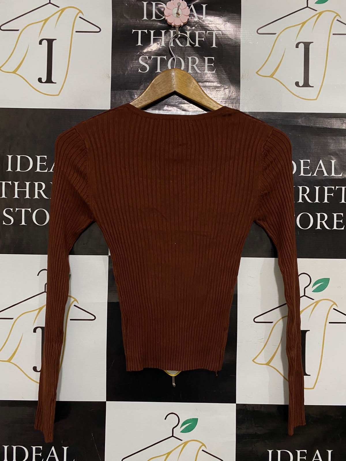 THREADBARE |XS| BUST 12| A36| RUST BROWN RIBBED SQUARE-NECK LONG-SLEEVE FITTED TOP