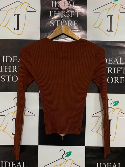 THREADBARE |XS| BUST 12| A36| RUST BROWN RIBBED SQUARE-NECK LONG-SLEEVE FITTED TOP