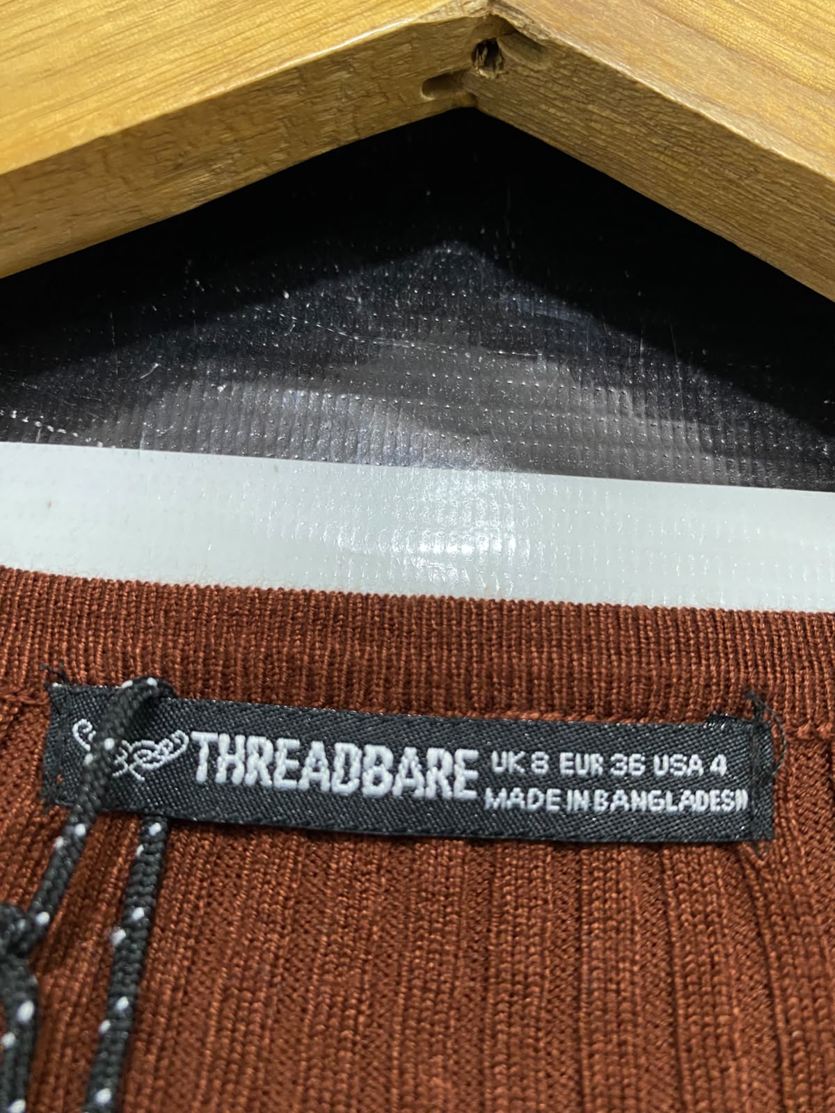 THREADBARE |XS| BUST 12| A36| RUST BROWN RIBBED SQUARE-NECK LONG-SLEEVE FITTED TOP