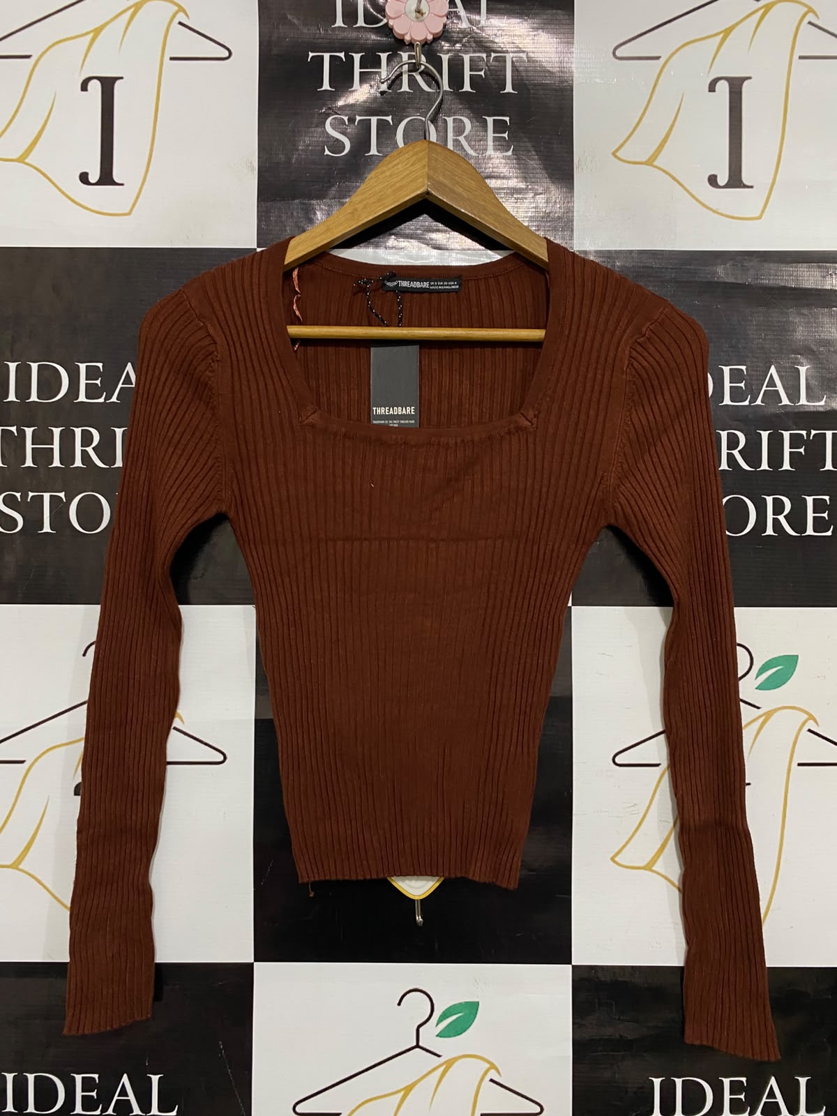 THREADBARE |XS| BUST 12| A36| RUST BROWN RIBBED SQUARE-NECK LONG-SLEEVE FITTED TOP