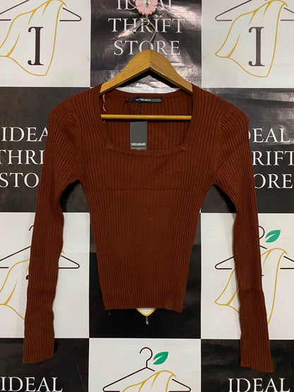 THREADBARE |XS| BUST 12| A36| RUST BROWN RIBBED SQUARE-NECK LONG-SLEEVE FITTED TOP