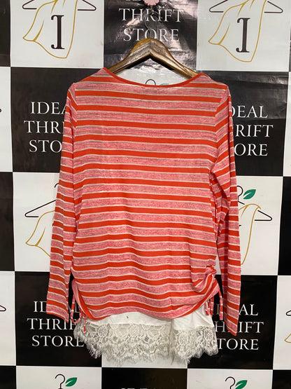 NEXT |L| BUST 21| A36| CORAL & WHITE STRIPED LACE-HEM LAYERED LONG-SLEEVE TOP