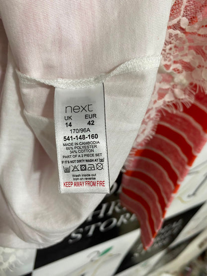 NEXT |L| BUST 21| A36| CORAL & WHITE STRIPED LACE-HEM LAYERED LONG-SLEEVE TOP