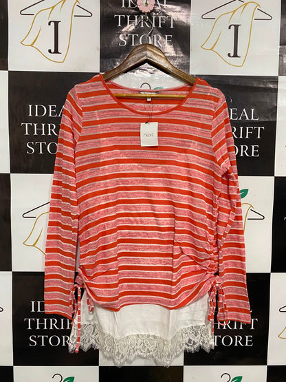 NEXT |L| BUST 21| A36| CORAL & WHITE STRIPED LACE-HEM LAYERED LONG-SLEEVE TOP