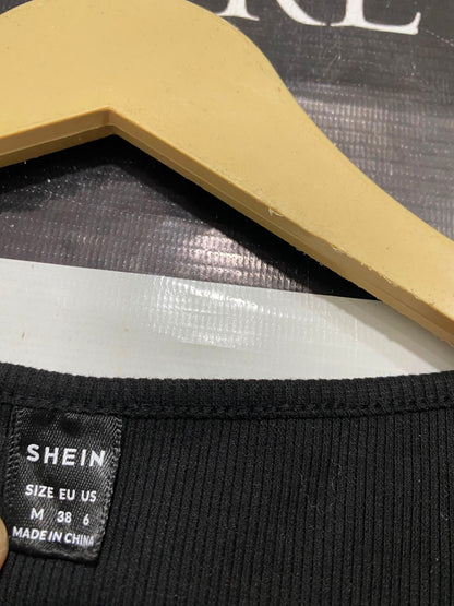 SHEIN |M| BUST 16| A36| BLACK RIBBED SCOOP-NECK BUTTON-FRONT LONG-SLEEVE FITTED TOP