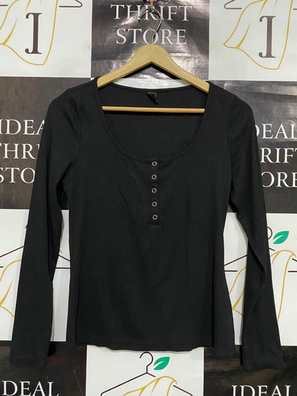 SHEIN |M| BUST 16| A36| BLACK RIBBED SCOOP-NECK BUTTON-FRONT LONG-SLEEVE FITTED TOP