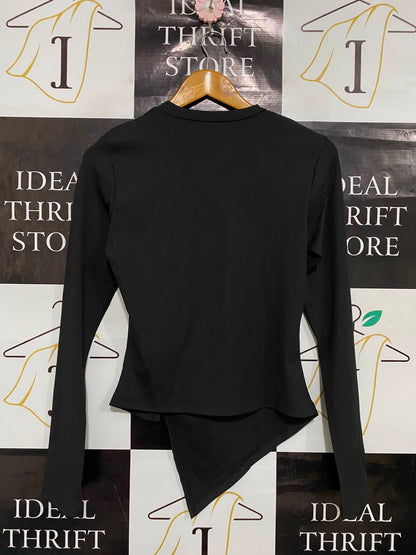 |L| BUST 15| A36| BLACK RIBBED CREW-NECK ASYMMETRIC GATHERED LONG-SLEEVE TOP