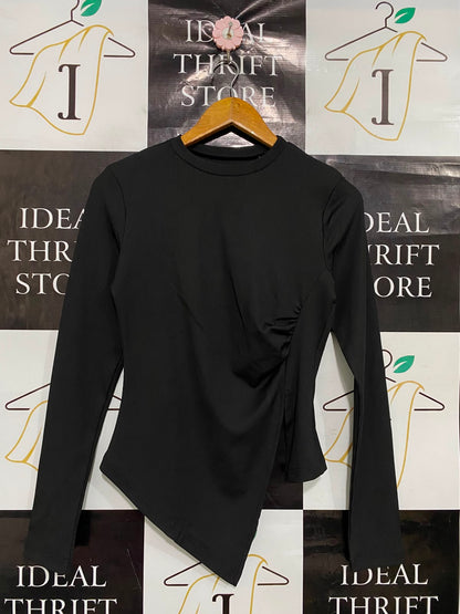 |L| BUST 15| A36| BLACK RIBBED CREW-NECK ASYMMETRIC GATHERED LONG-SLEEVE TOP