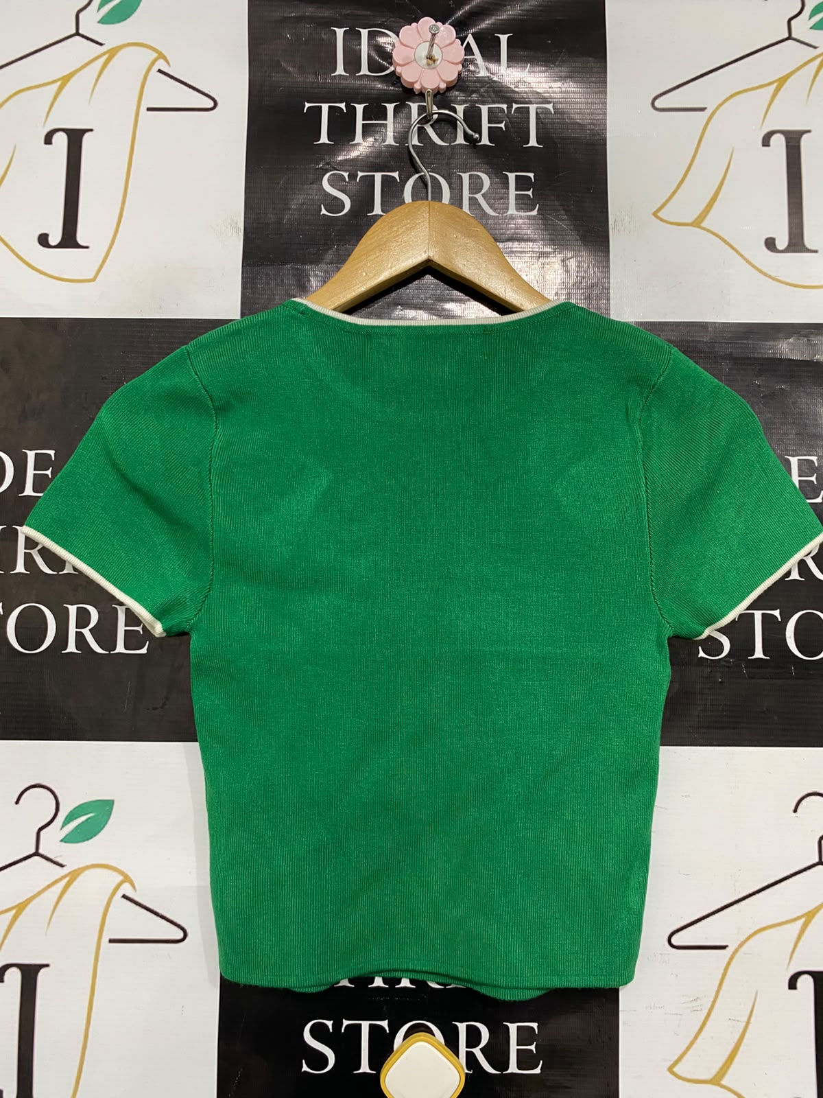 PRIMARK |S| BUST 12| A36| EMERALD GREEN CONTRAST-TRIM SHORT-SLEEVE FITTED TOP