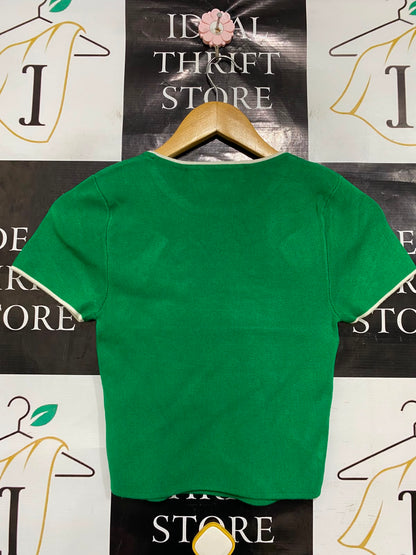 PRIMARK |S| BUST 12| A36| EMERALD GREEN CONTRAST-TRIM SHORT-SLEEVE FITTED TOP