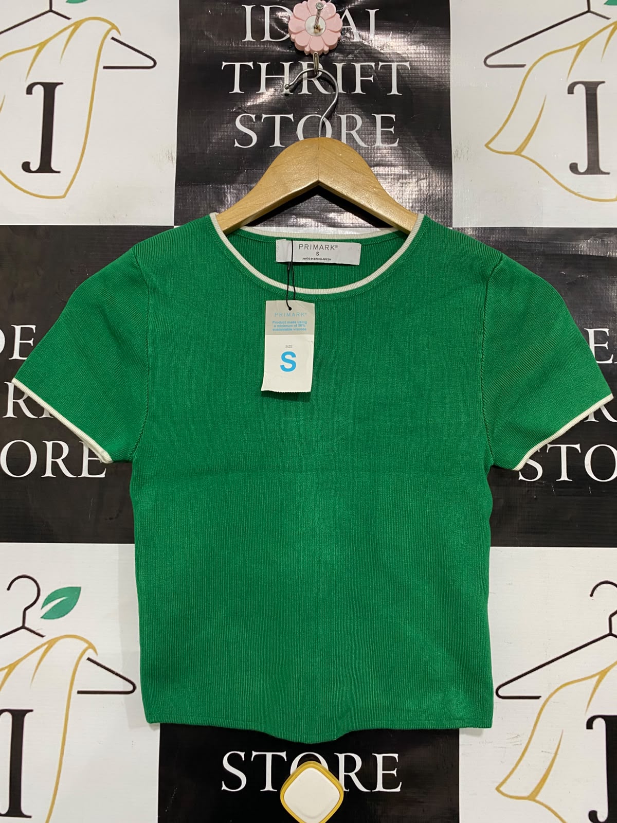 PRIMARK |S| BUST 12| A36| EMERALD GREEN CONTRAST-TRIM SHORT-SLEEVE FITTED TOP