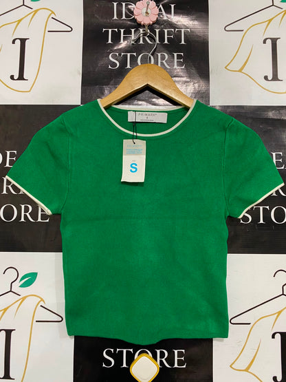 PRIMARK |S| BUST 12| A36| EMERALD GREEN CONTRAST-TRIM SHORT-SLEEVE FITTED TOP