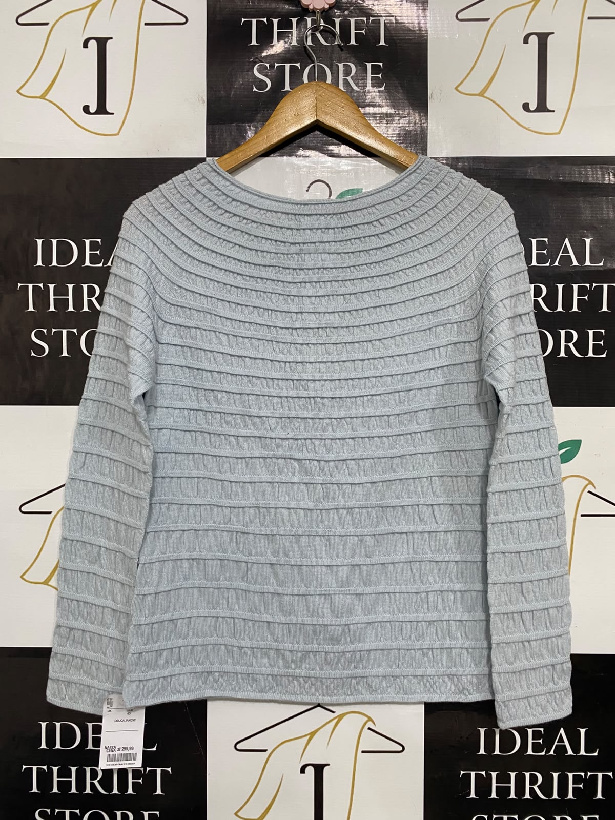 EMPORIO ARMANI |M| BUST 17| A36| LIGHT BLUE TEXTURED PLEATED LONG-SLEEVE JUMPER