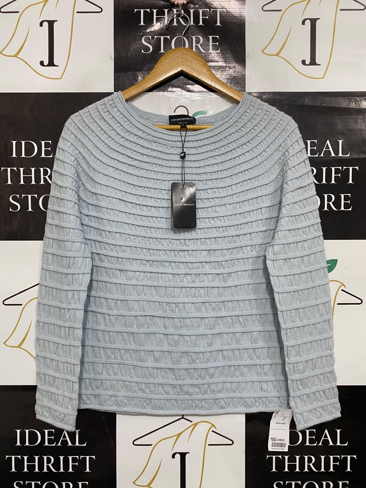 EMPORIO ARMANI |M| BUST 17| A36| LIGHT BLUE TEXTURED PLEATED LONG-SLEEVE JUMPER
