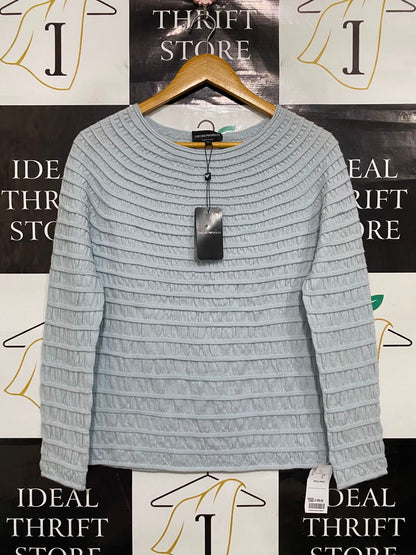 EMPORIO ARMANI |M| BUST 17| A36| LIGHT BLUE TEXTURED PLEATED LONG-SLEEVE JUMPER