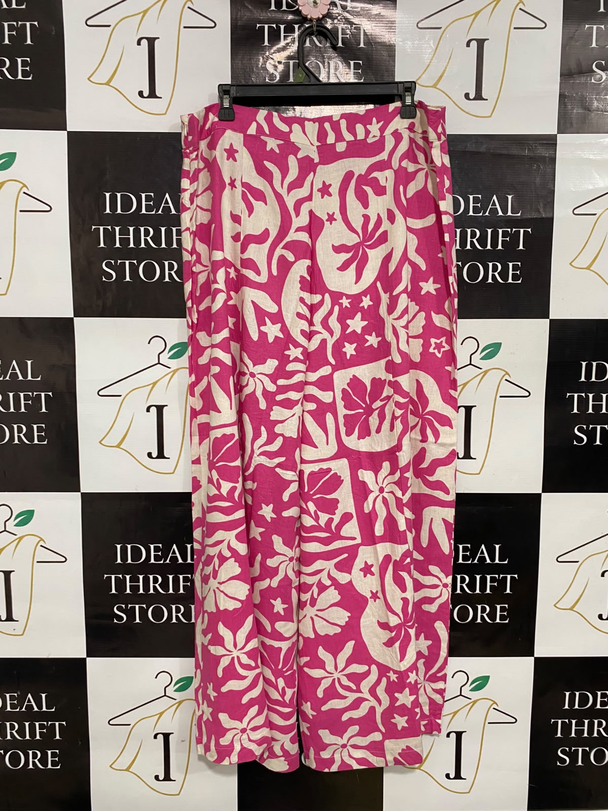 SPORTS GIRL |XL| WAIST 34| A36| HOT PINK & BEIGE ABSTRACT FLORAL PRINT WIDE-LEG LINEN TROUSERS