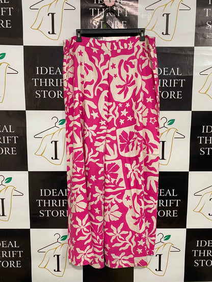 SPORTS GIRL |XL| WAIST 34| A36| HOT PINK & BEIGE ABSTRACT FLORAL PRINT WIDE-LEG LINEN TROUSERS