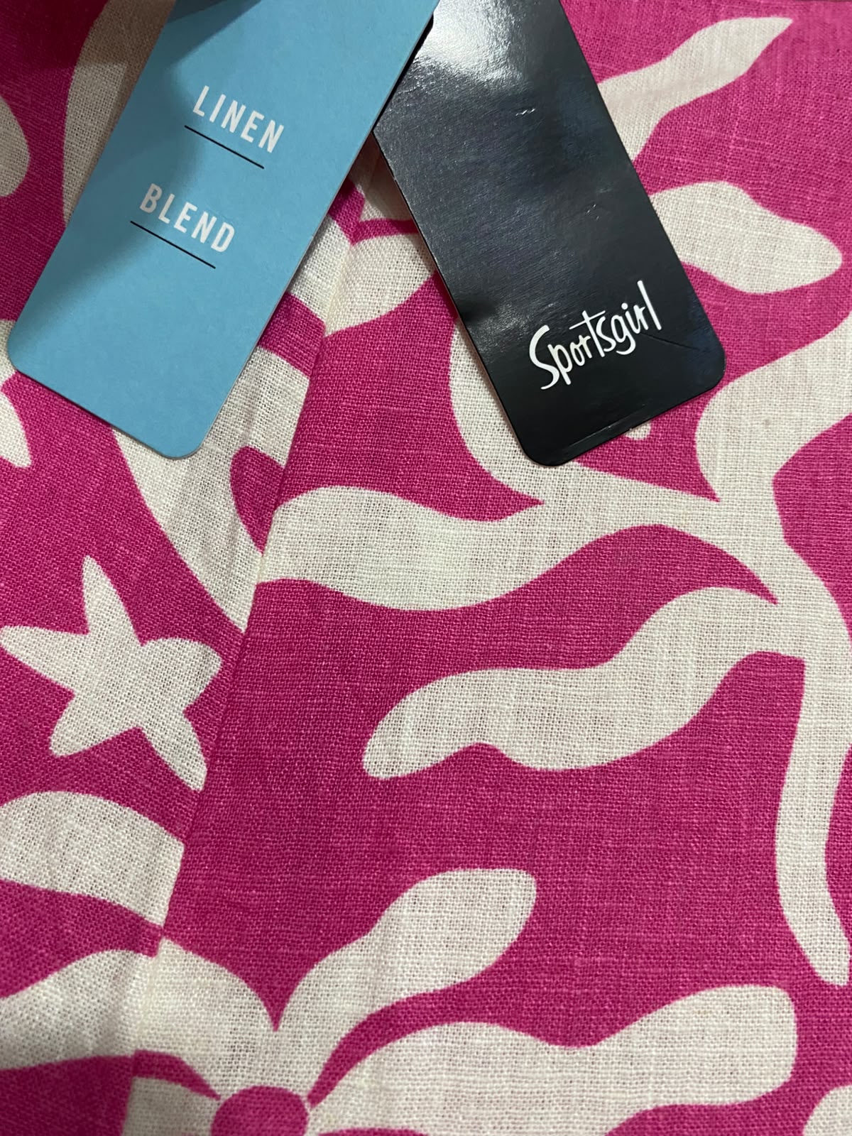 SPORTS GIRL |XL| WAIST 34| A36| HOT PINK & BEIGE ABSTRACT FLORAL PRINT WIDE-LEG LINEN TROUSERS