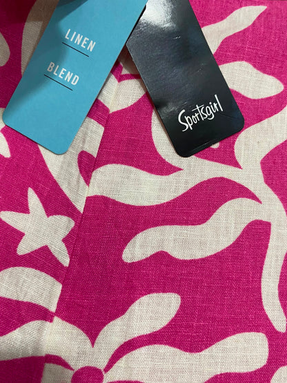 SPORTS GIRL |XL| WAIST 34| A36| HOT PINK & BEIGE ABSTRACT FLORAL PRINT WIDE-LEG LINEN TROUSERS