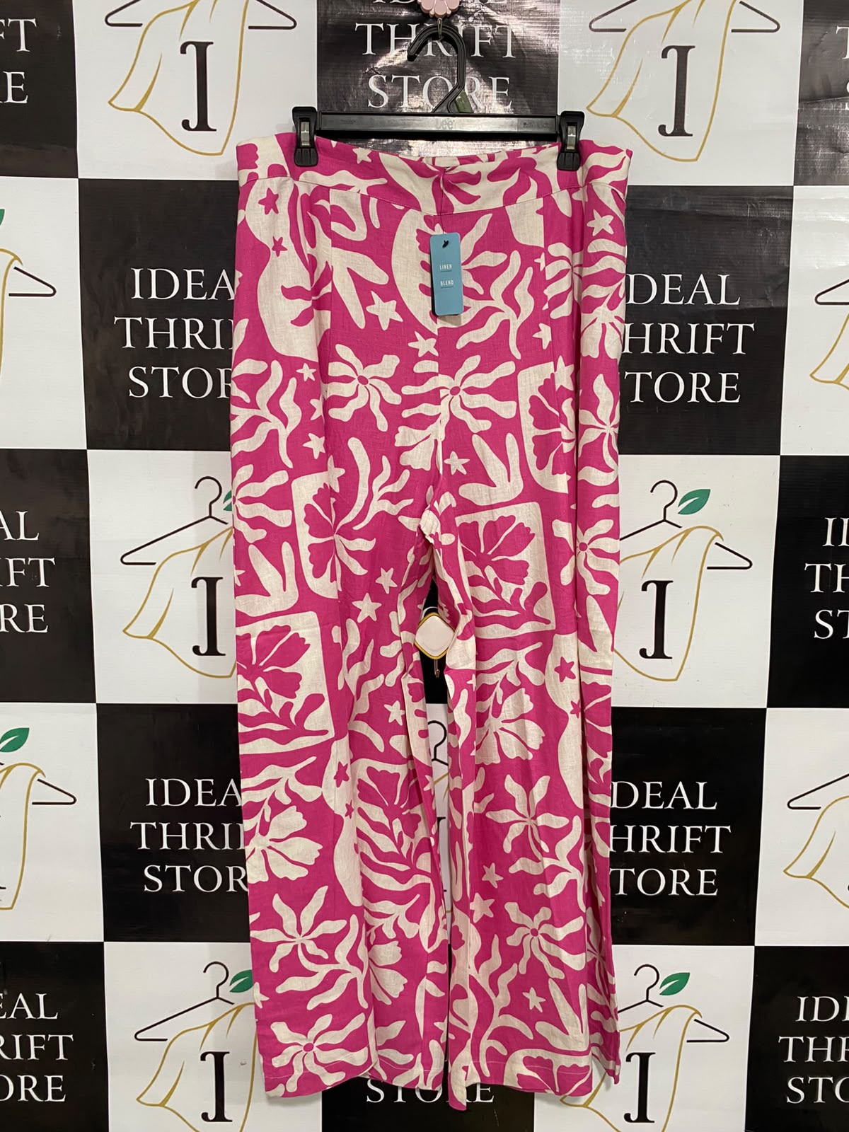 SPORTS GIRL |XL| WAIST 34| A36| HOT PINK & BEIGE ABSTRACT FLORAL PRINT WIDE-LEG LINEN TROUSERS