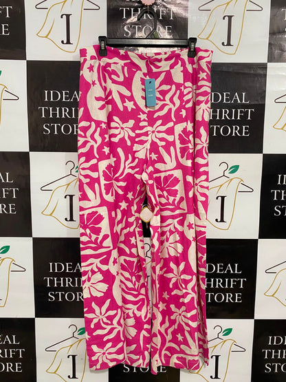 SPORTS GIRL |XL| WAIST 34| A36| HOT PINK & BEIGE ABSTRACT FLORAL PRINT WIDE-LEG LINEN TROUSERS