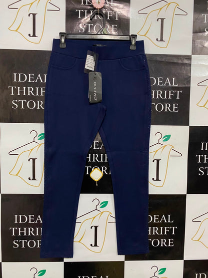 OLY TWO |M| WAIST 28| A36| NAVY BLUE PERFORMANCE-STRETCH SIDE-STRIPE LEGGINGS
