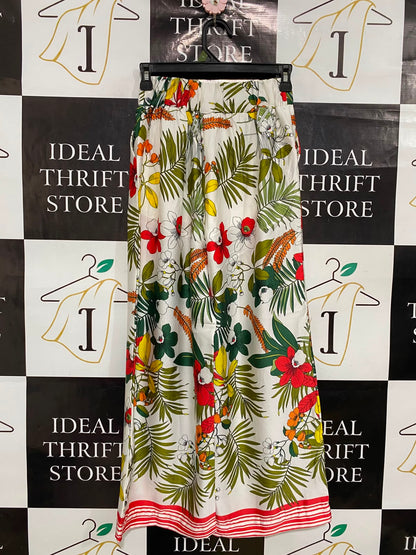 WHITE CLOSET |XS| WAIST 23| A36| WHITE TROPICAL BOTANICAL PRINT WIDE-LEG SATIN TROUSERS