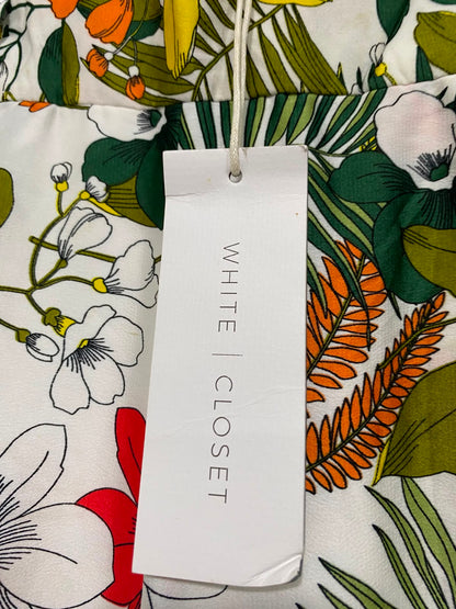 WHITE CLOSET |XS| WAIST 23| A36| WHITE TROPICAL BOTANICAL PRINT WIDE-LEG SATIN TROUSERS