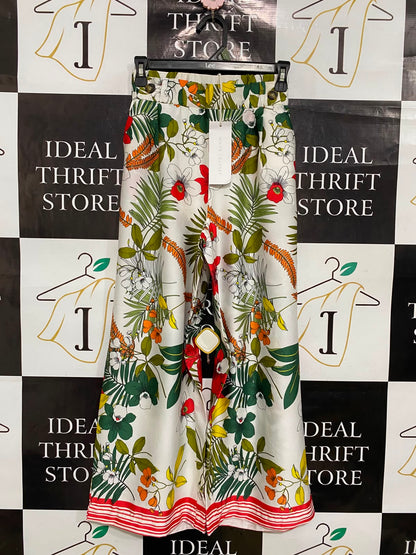 WHITE CLOSET |XS| WAIST 23| A36| WHITE TROPICAL BOTANICAL PRINT WIDE-LEG SATIN TROUSERS