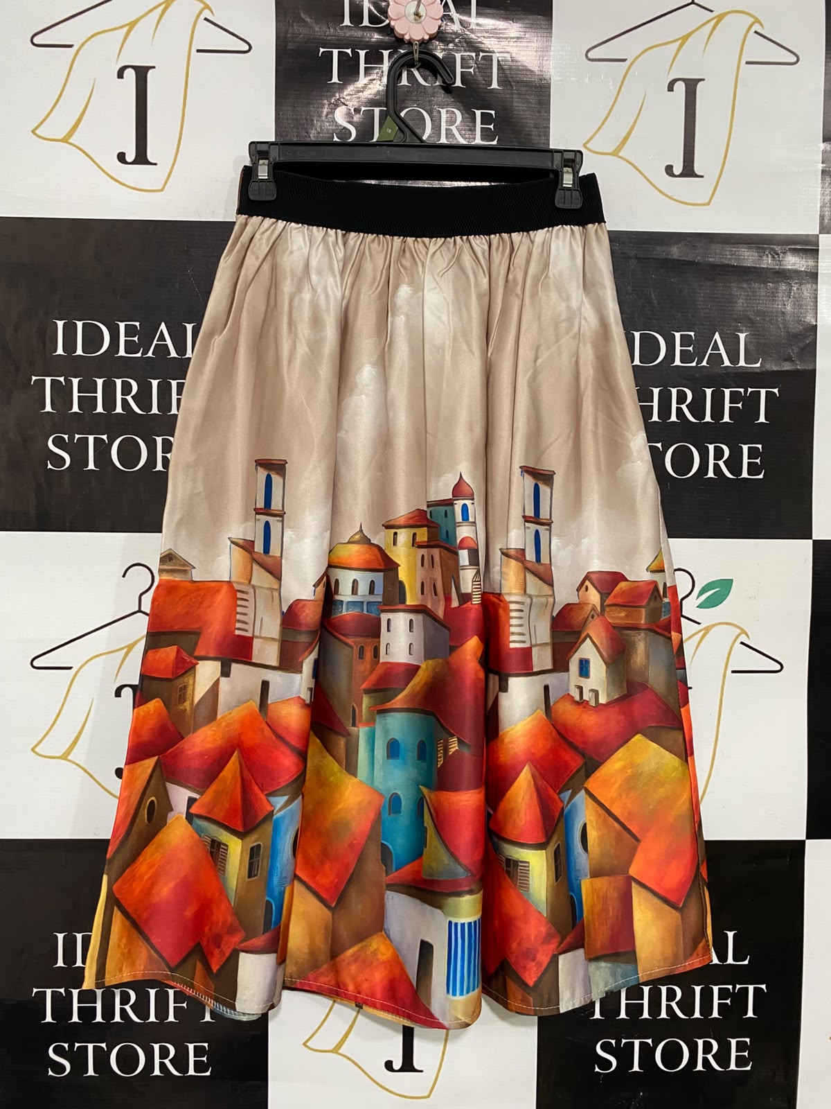 VANIS |XS| WAIST 24| A36| TOWN SCENE ART PRINT PLEATED MIDI SKIRT